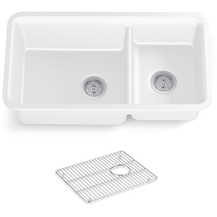 Cairn 33.5" Matte White Double Basin Stone Kitchen Sink with Accessories
