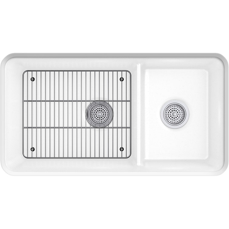 Cairn 33.5" Matte White Double Basin Stone Kitchen Sink with Accessories