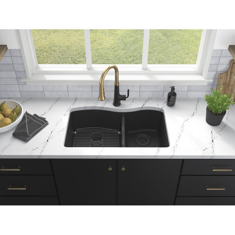 Matte Black Granite Composite Double Bowl Drop-In Kitchen Sink