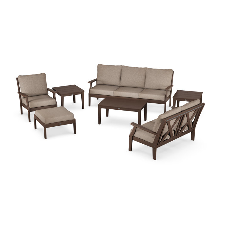 Braxton 7-Piece Mahogany Deep Seating Set with Spiced Burlap Cushions