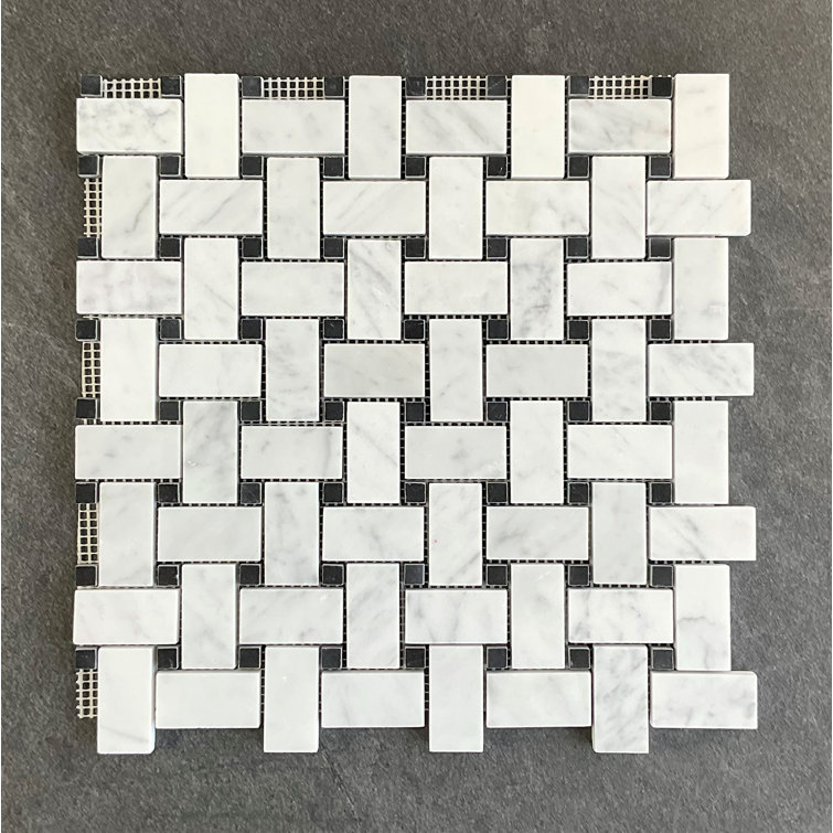 12.5" White Carrara and Black Marble Basketweave Mosaic Tile