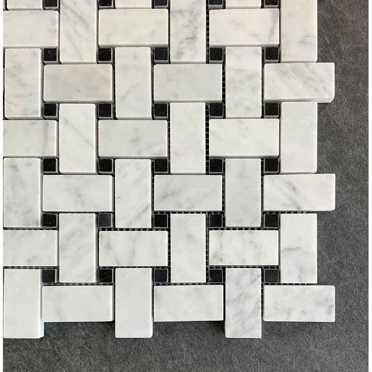12.5" White Carrara and Black Marble Basketweave Mosaic Tile