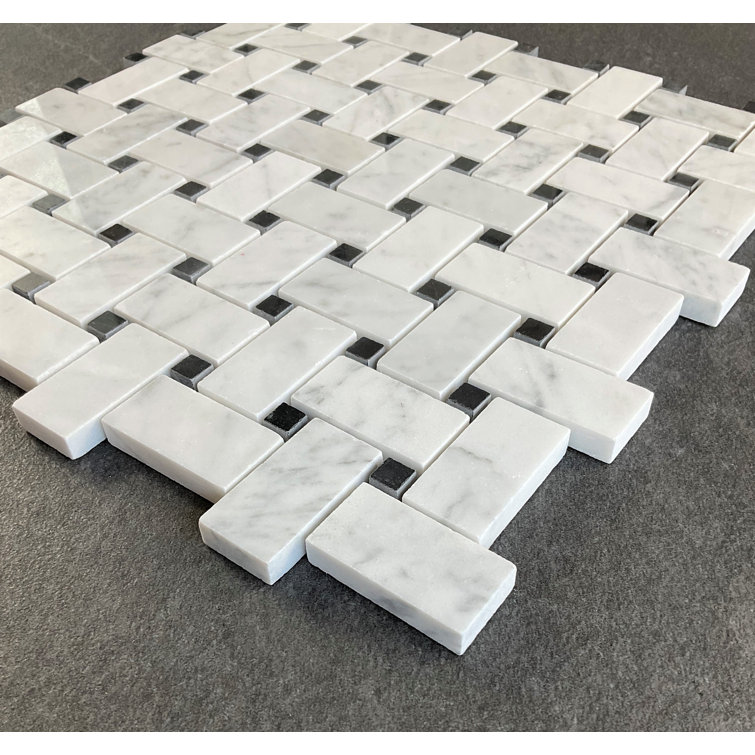12.5" White Carrara and Black Marble Basketweave Mosaic Tile