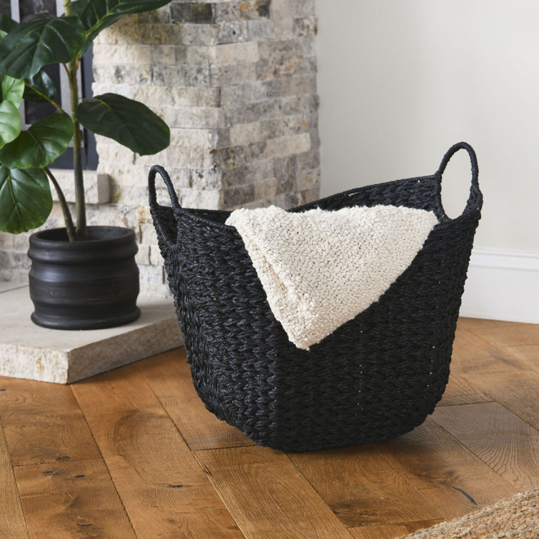 Black Woven Wicker Rectangular Storage Box with Handles