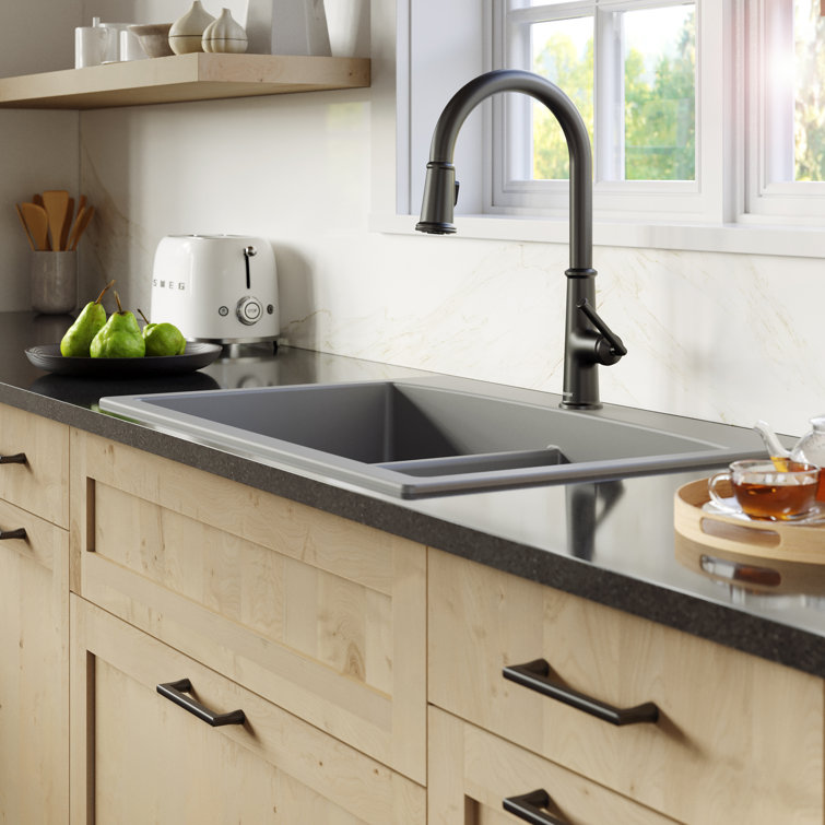 Gray Quartz 33'' Double Bowl Farmhouse Kitchen Sink Kit