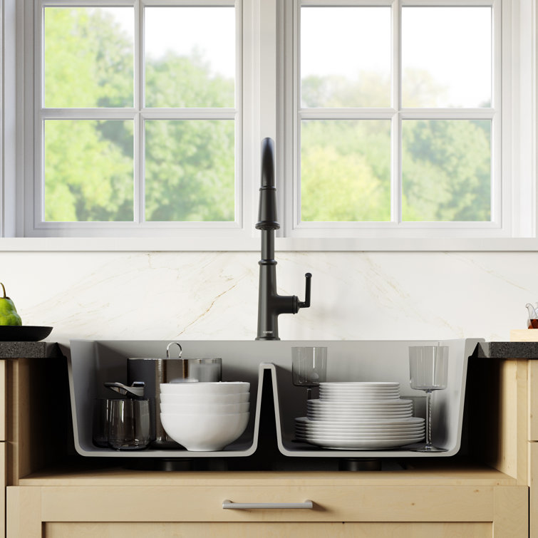 Gray Quartz 33'' Double Bowl Farmhouse Kitchen Sink Kit