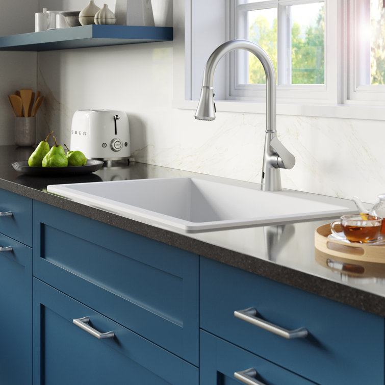White Quartz 33'' Double Bowl Drop-In Kitchen Sink