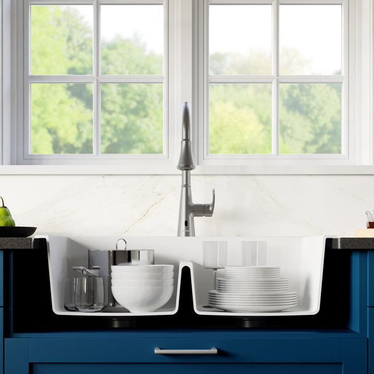 White Quartz 33'' Double Bowl Drop-In Kitchen Sink