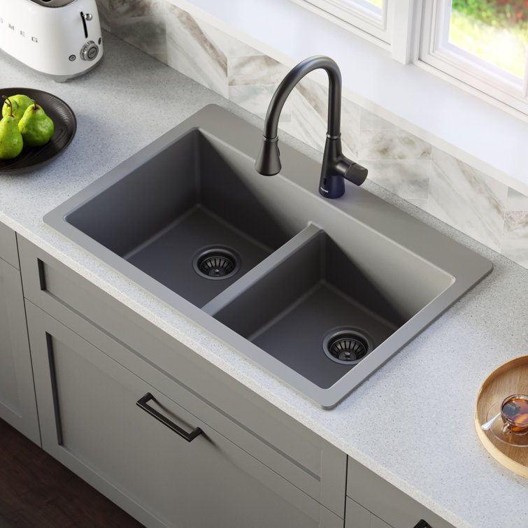 Gray Quartz 33'' Double Bowl Drop-In Kitchen Sink
