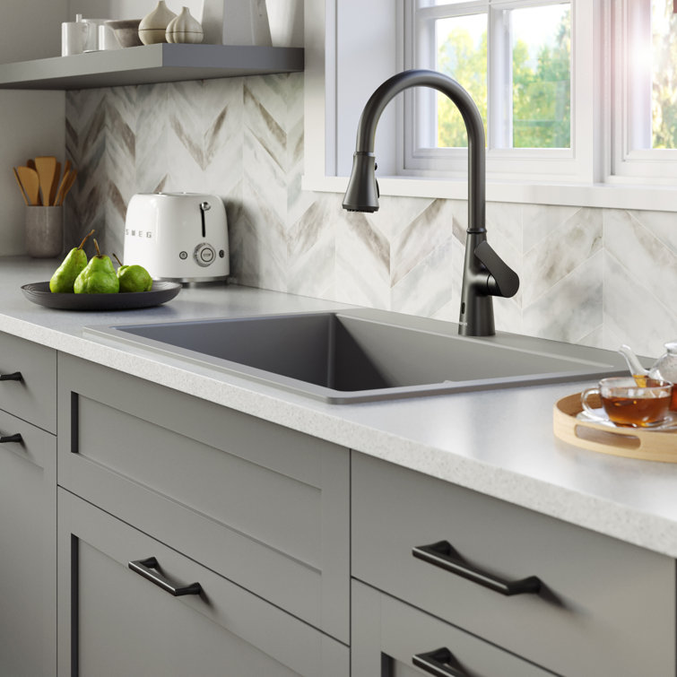 Gray Quartz 33'' Double Bowl Drop-In Kitchen Sink
