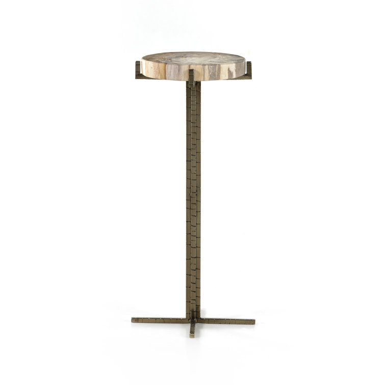 Casella 20'' Round Brass & Petrified Wood Side Table