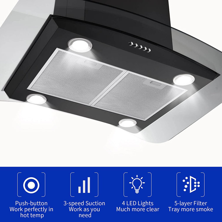 30'' Black Stainless Steel Convertible Island Range Hood with Mesh Filter