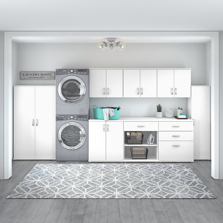 White Freestanding Laundry Room Storage Cabinet with Adjustable Shelving