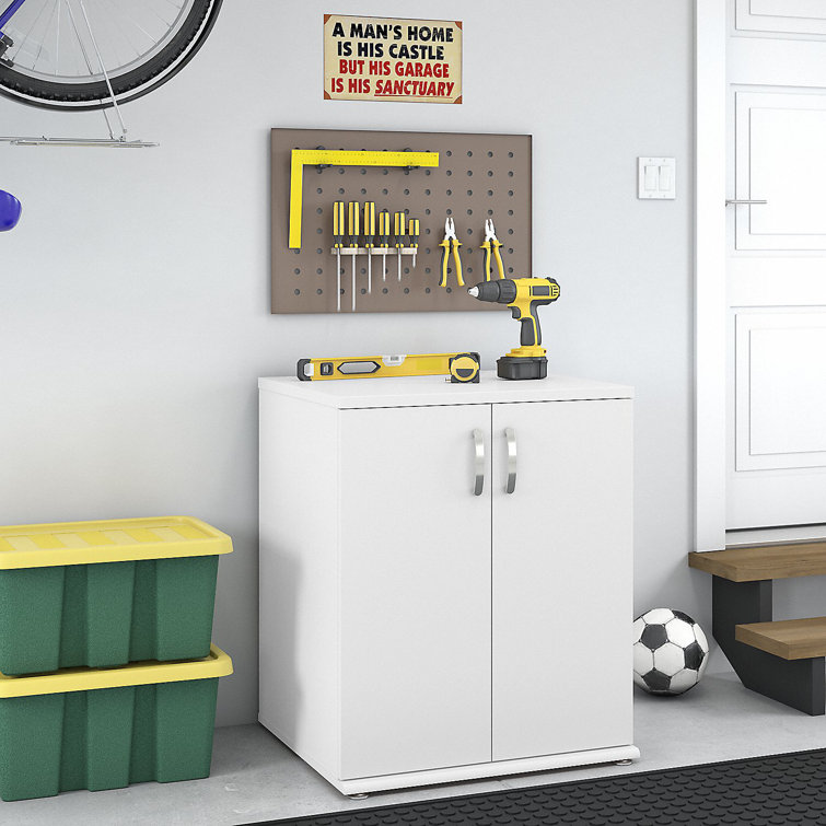 White Freestanding Garage Storage Cabinet with Adjustable Shelving