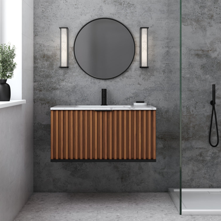 Terra 36" Walnut Wall-Mounted Single Sink Vanity with Marble Top