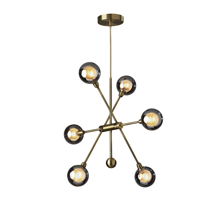 Antique Brass 6-Light Adjustable Sputnik Chandelier with Smoked Glass Shades