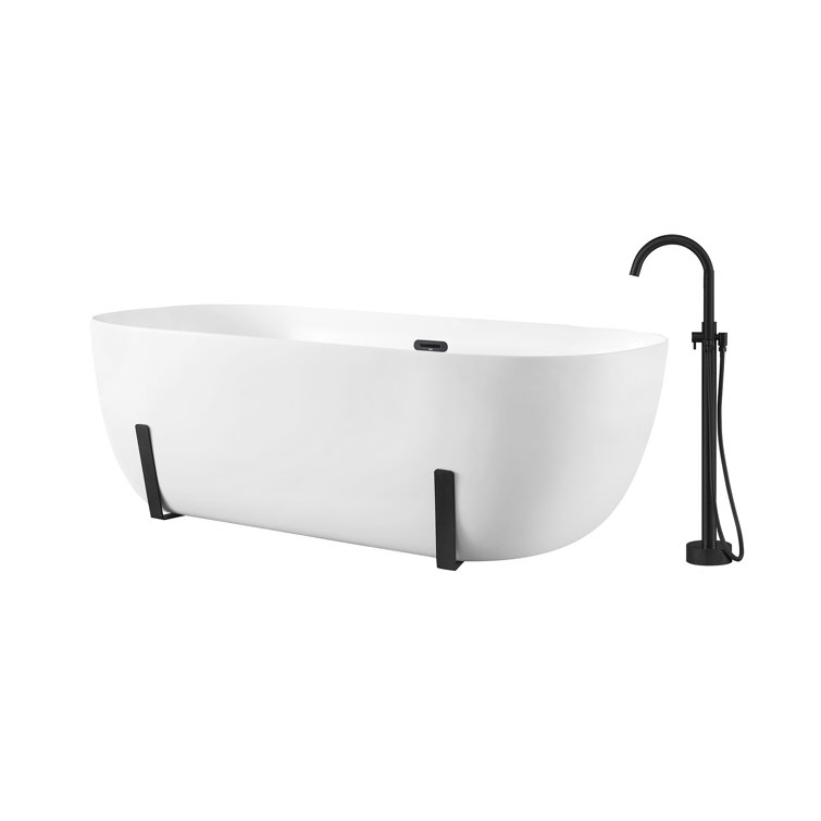 White Acrylic Freestanding Soaking Bathtub with Black Faucet