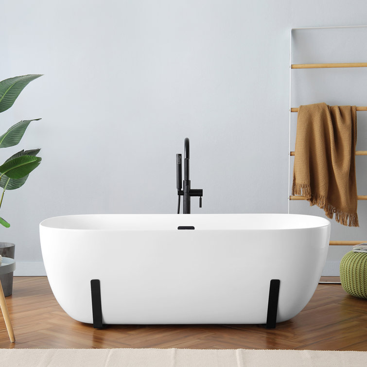 White Acrylic Freestanding Soaking Bathtub with Black Faucet