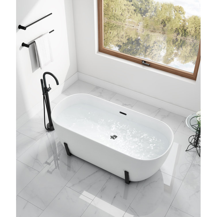 White Acrylic Freestanding Soaking Bathtub with Black Faucet
