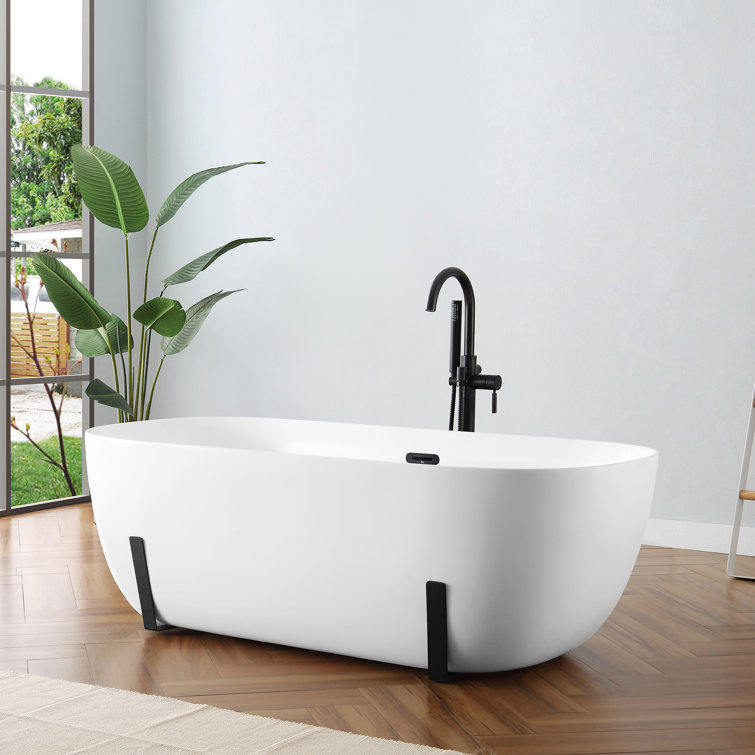 White Acrylic Freestanding Soaking Bathtub with Black Faucet