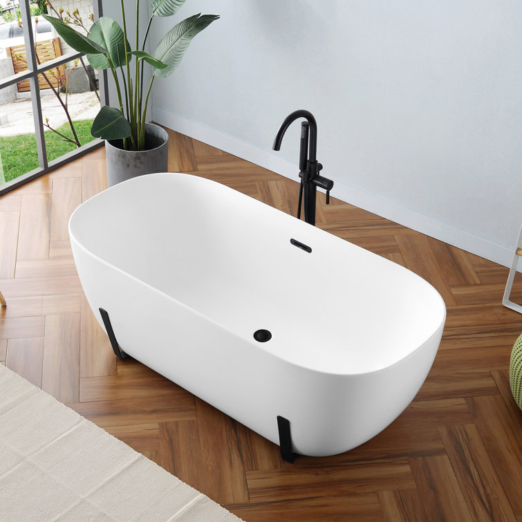 White Acrylic Freestanding Soaking Bathtub with Black Faucet