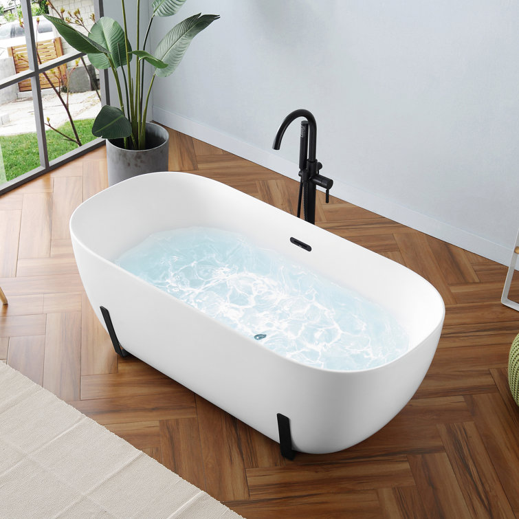 White Acrylic Freestanding Soaking Bathtub with Black Faucet