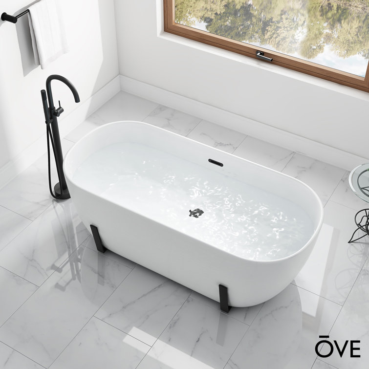 White Acrylic Freestanding Soaking Bathtub with Black Faucet