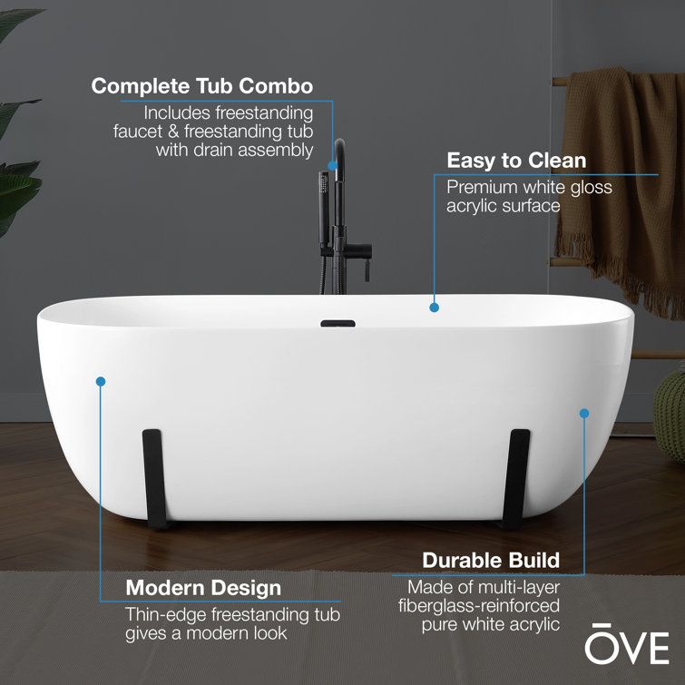 White Acrylic Freestanding Soaking Bathtub with Black Faucet