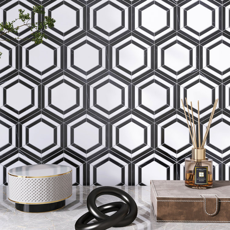 Black and White Hexagon Marble Mosaic Wall Tile