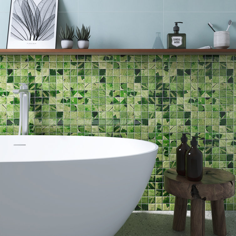 Green Leaf Pattern Glass Mosaic Wall Tile