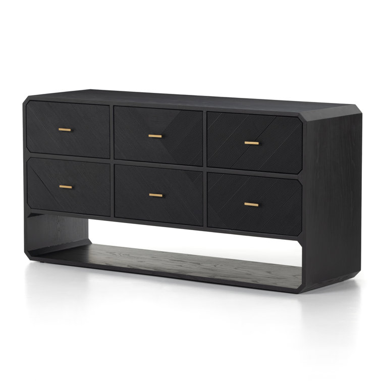 Black Ash Veneer 6-Drawer Dresser with Brass Handles