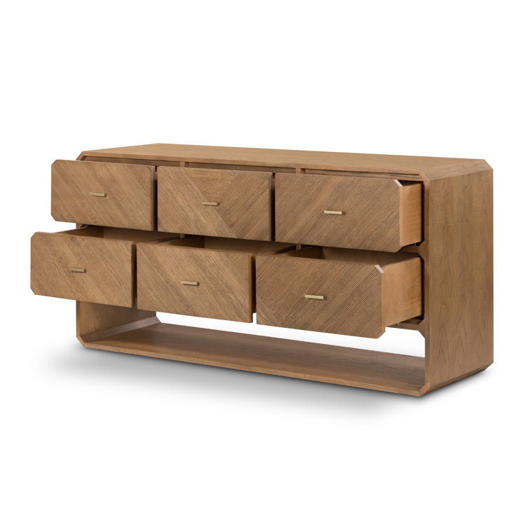 Modern Natural Ash Veneer 6-Drawer Dresser with Satin Brass Hardware