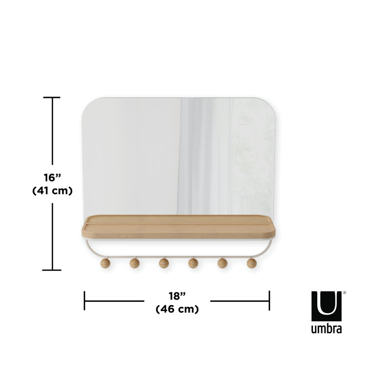 White Wood Rectangular Mirror with Hooks and Tray