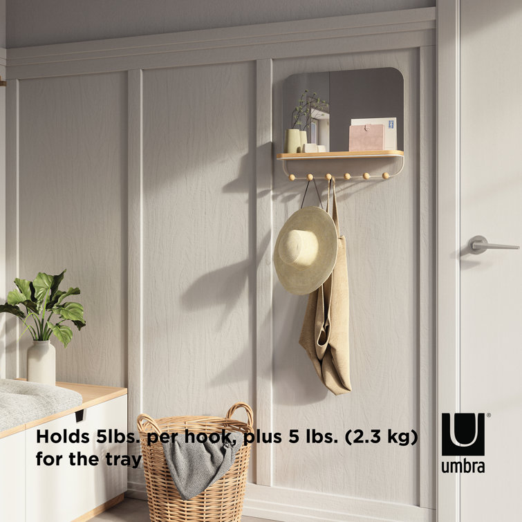 White Wood Rectangular Mirror with Hooks and Tray