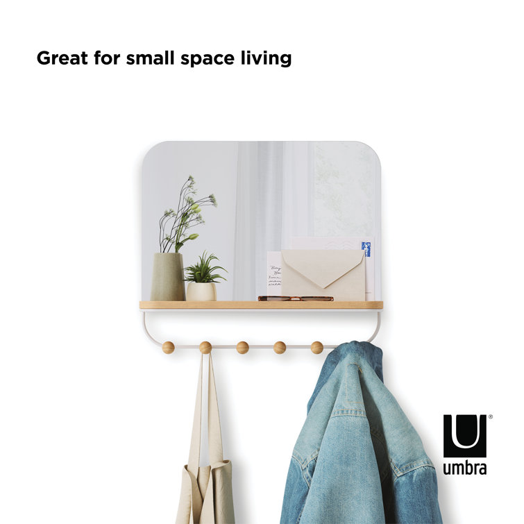 White Wood Rectangular Mirror with Hooks and Tray
