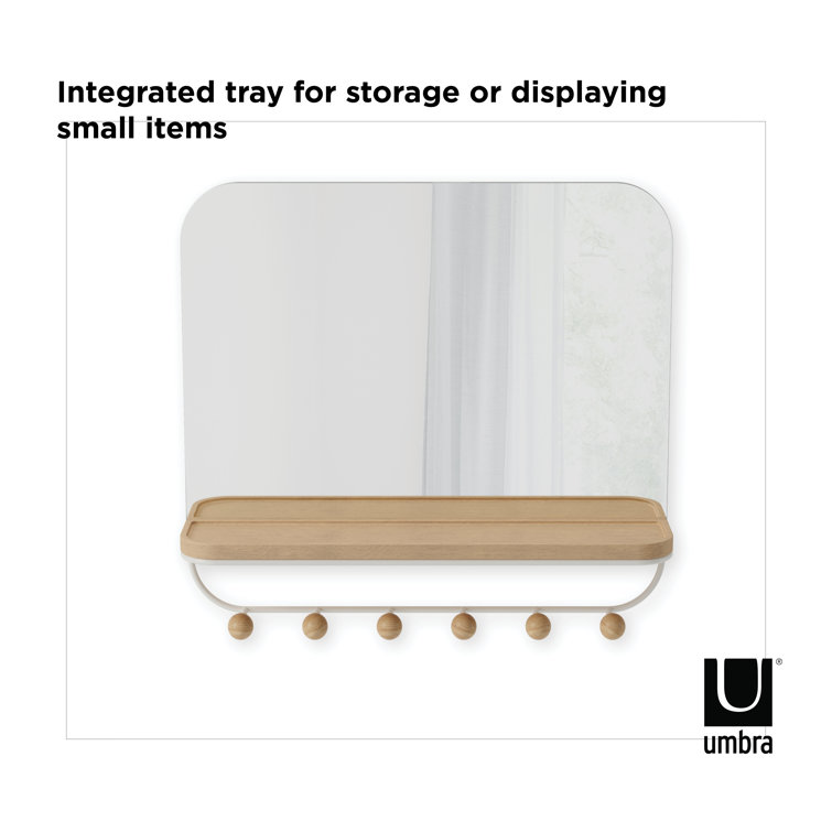 White Wood Rectangular Mirror with Hooks and Tray