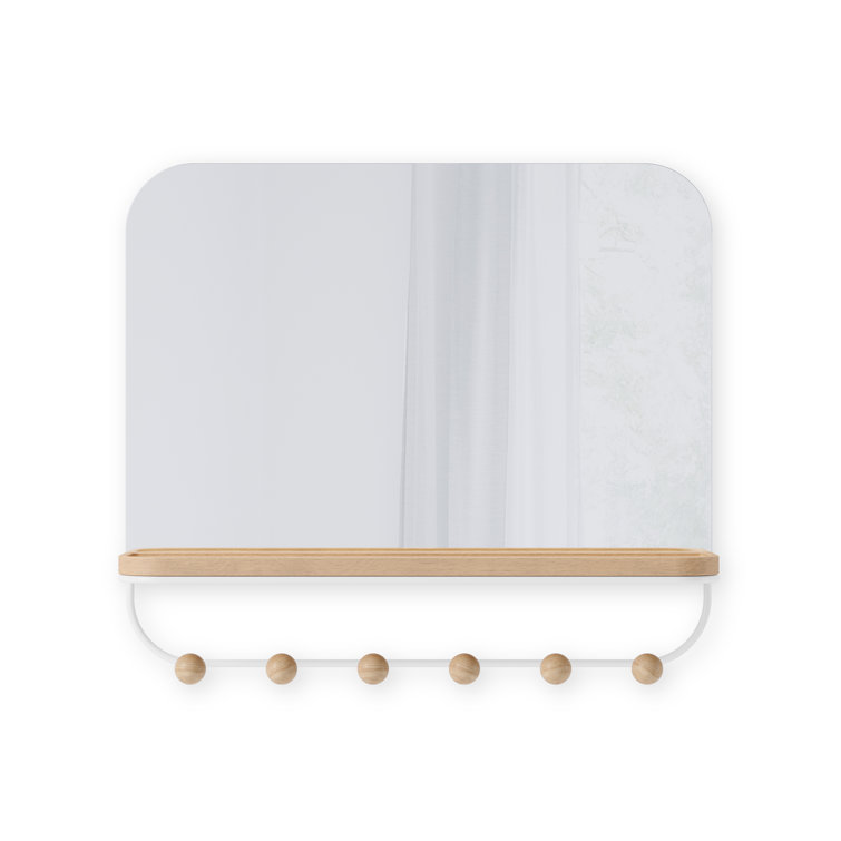 White Wood Rectangular Mirror with Hooks and Tray