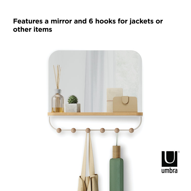 White Wood Rectangular Mirror with Hooks and Tray