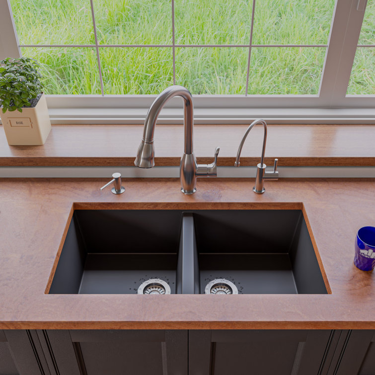 34'' Black Granite Double Bowl Drop-In Kitchen Sink
