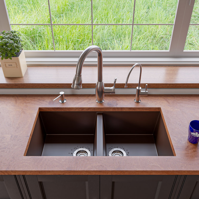 Chocolate Granite Double Bowl Undermount Kitchen Sink, 34"