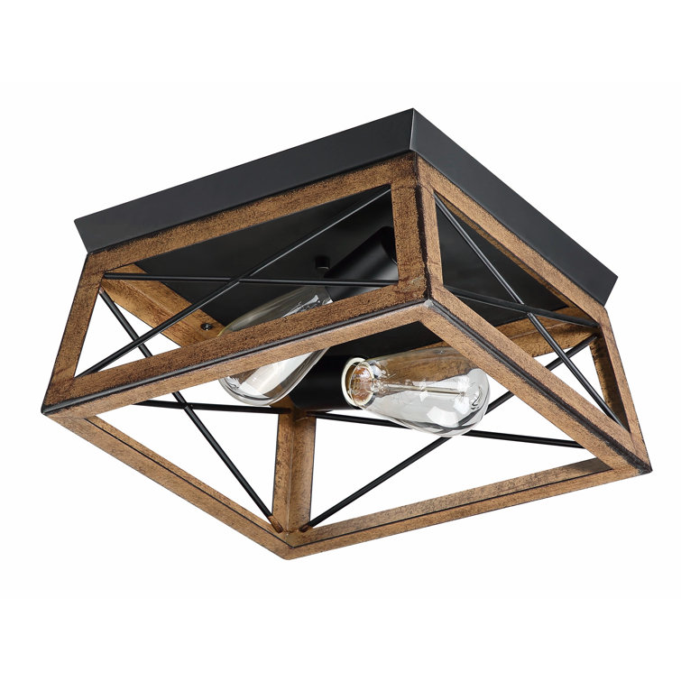 Brown Barnwood 2-Light Caged Flush Mount Ceiling Fixture
