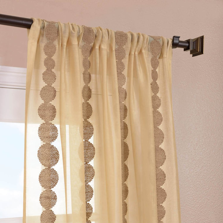 Gold Embroidered Sheer Rod Pocket Curtain Panel