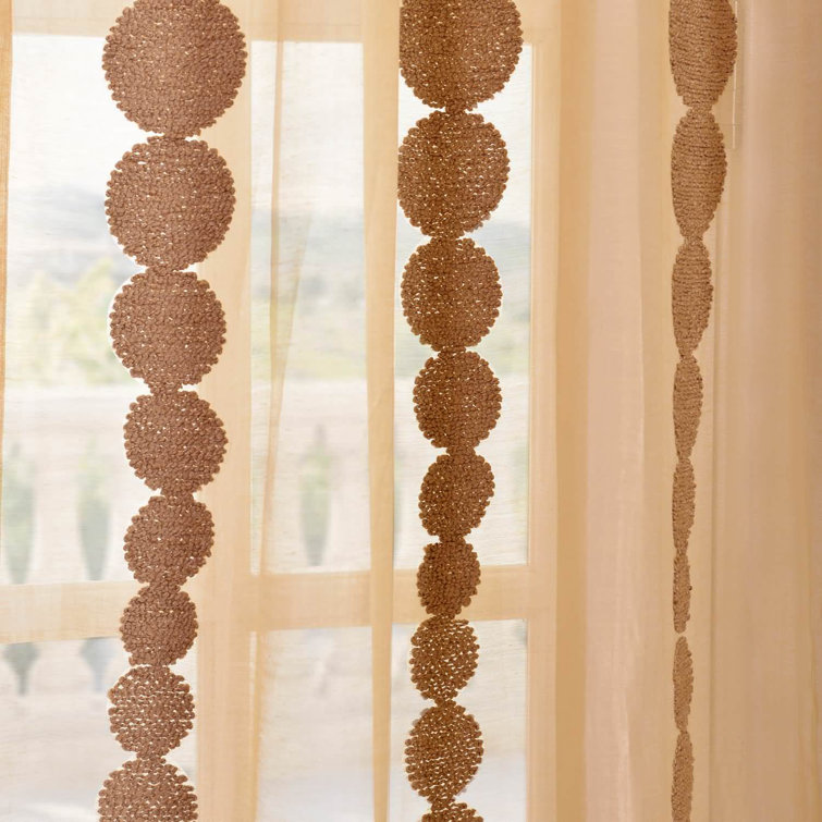 Gold Embroidered Sheer Rod Pocket Curtain Panel