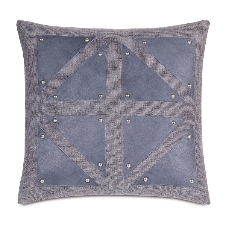 Gray Leather and Fabric Square Pillow with Nailhead Accents
