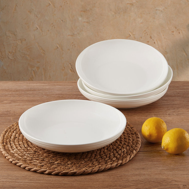 White Ceramic Ribbed 9-Inch Pasta Bowls, Set of 4