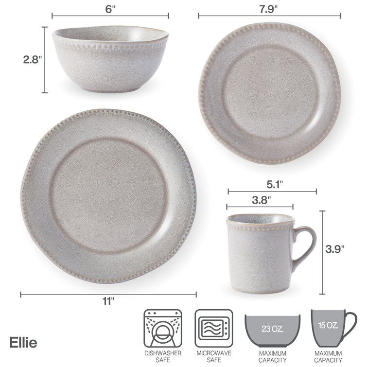 Ellie Gray Ceramic 16-Piece Dinnerware Set, Service for 4