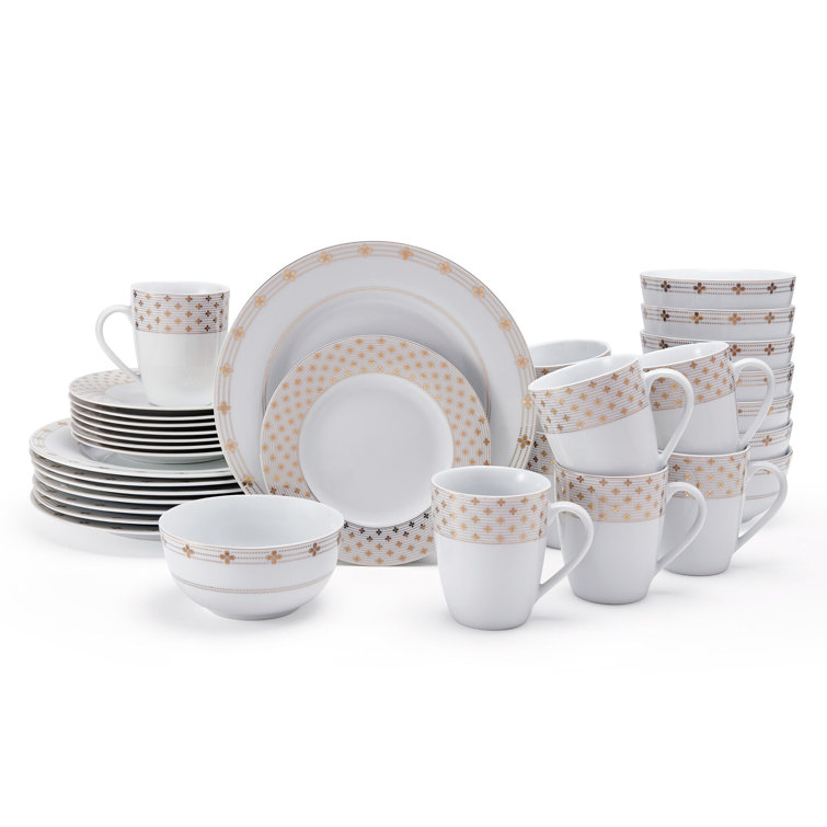 Modern Petals White and Gold Porcelain Dinnerware Set, Service for 8
