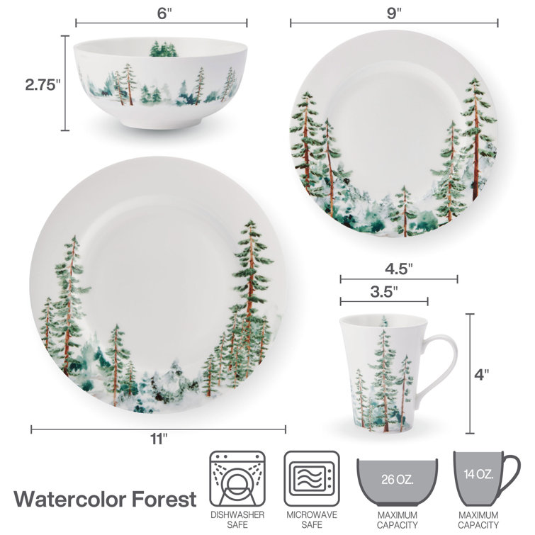 Watercolor Forest White Porcelain 16-Piece Dinnerware Set, Service for 4