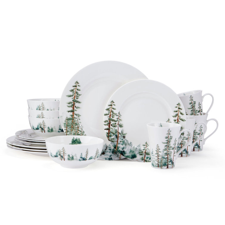 Watercolor Forest White Porcelain 16-Piece Dinnerware Set, Service for 4