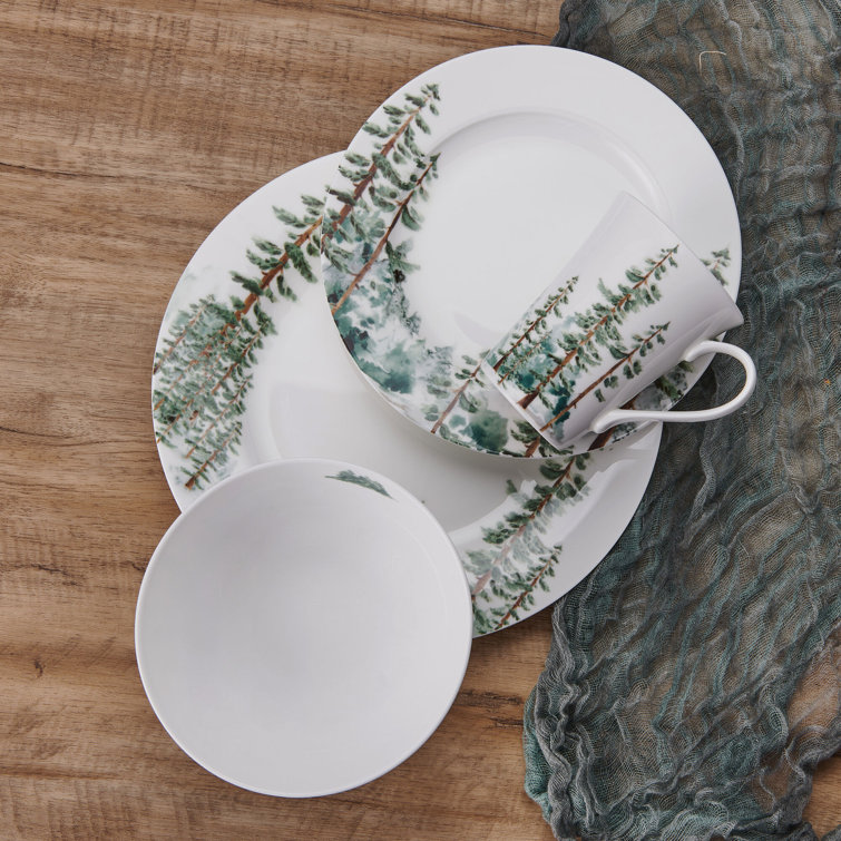 Watercolor Forest White Porcelain 16-Piece Dinnerware Set, Service for 4